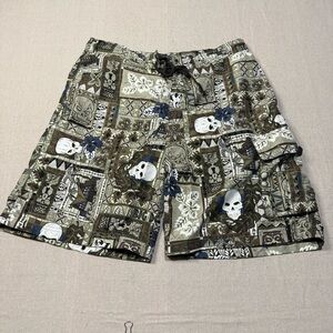 Big Dogs Blue Swim Trunks Mens Large Hawaiian Drawstring Vintage Skulls